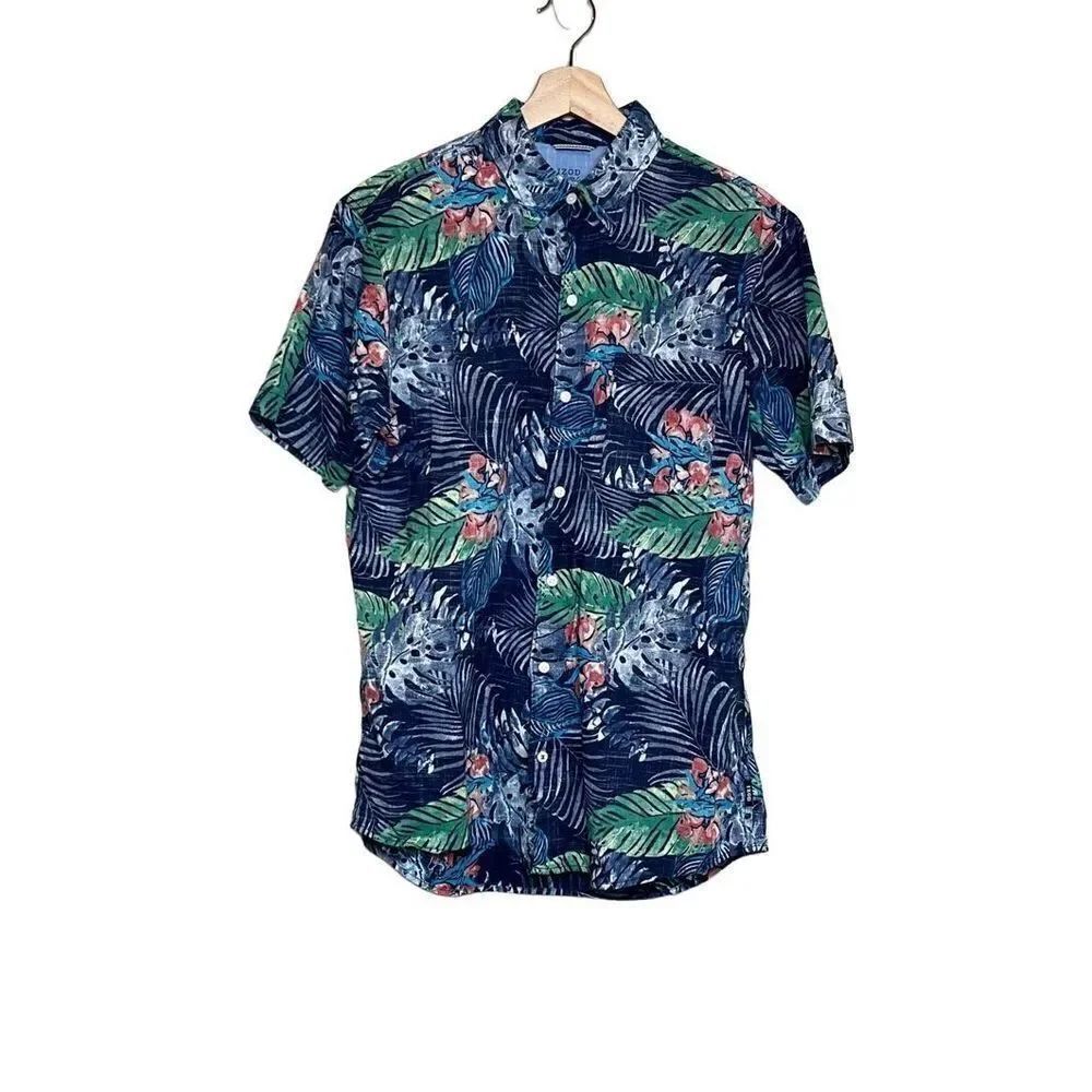 Izod saltwater blue Hawaiian print short sleeve button up shirt size M